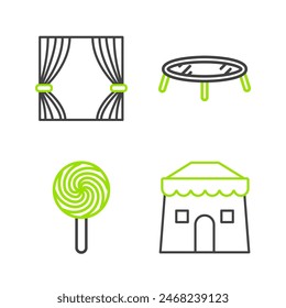 Set line Circus tent, Lollipop, Jumping trampoline and Curtain icon. Vector