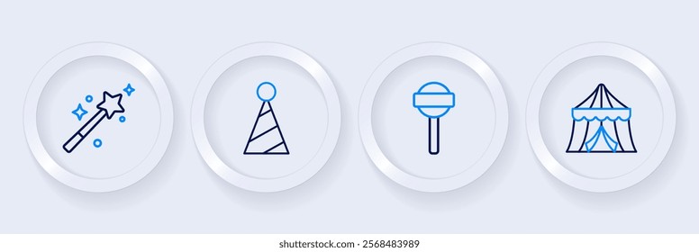 Set line Circus tent, Lollipop, Party hat and Magic wand icon. Vector