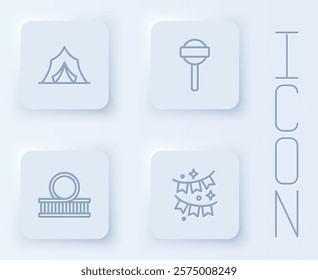 Set line Circus tent, Lollipop, Roller coaster and Carnival garland with flags. White square button. Vector