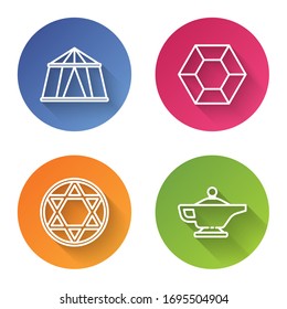 Fije la tienda Circus, la piedra mágica, la estrella de David y la lámpara mágica o Aladdin. Botón de círculo de color. Vector