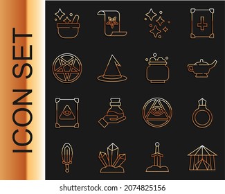 Fija la tienda de la línea Circus, el anillo de piedra mágica con gema, lámpara o Aladdin, la magia de las estrellas Sparkle, sombrero de bruja, círculo Pentagram, caldero e icono. Vector