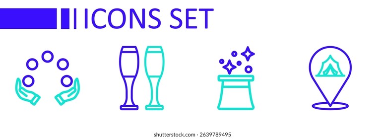 Set line Circus tent, Magician hat, Bowling pin and Juggling ball icon. Vector