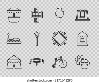 Set line Circus tent, Paw print, Cotton candy, Jumping trampoline, Attraction carousel, Magic wand, Vintage bicycle with one big wheel one small and Ticket box office icon. Vector