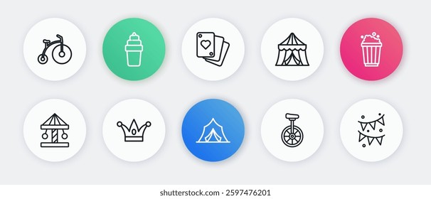 Set line Circus tent, Popcorn in cardboard box, Attraction carousel, Unicycle, Playing cards, Carnival garland with flags and Jester hat bells icon. Vector