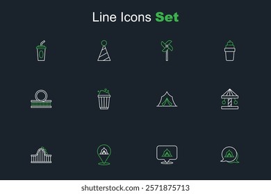 Set line Circus tent, Roller coaster, Attraction carousel, Popcorn in cardboard box and  icon. Vector