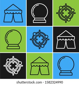 Set line Circus tent, Target sport for shooting competition and Magic ball icon. Vector