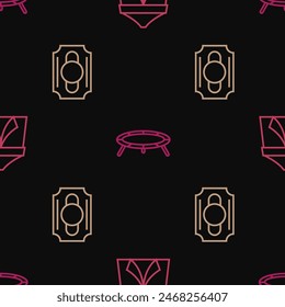 Set line Circus tent, ticket and Jumping trampoline on seamless pattern. Vector