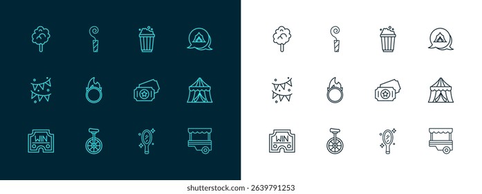 Set line Circus tent, Unicycle, ticket, Magic hand mirror, fire hoop, Popcorn in cardboard box, Cotton candy and Birthday party horn icon. Vector