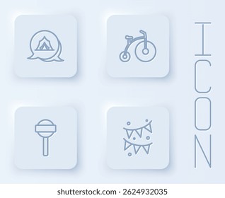 Set line Circus tent, Vintage bicycle, Lollipop and Carnival garland with flags. White square button. Vector