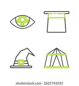 Set line Circus tent, Witch hat, Magician and Pentagram icon. Vector