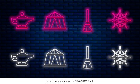 Set line Circus tent, Witches broom, Magic lamp or Aladdin and Spider web. Glowing neon icon on brick wall. Vector