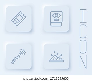 Set line Circus ticket, Ancient magic book, Magic wand and powder. White square button. Vector