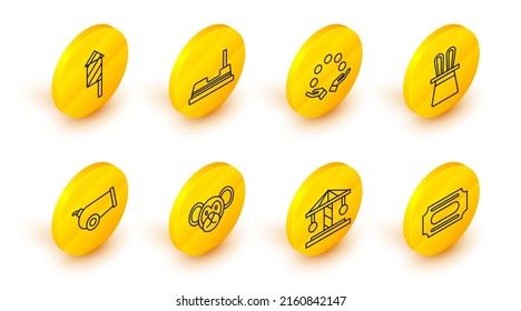 Set line Circus ticket, Attraction carousel, Monkey, Cannon, Magician hat and rabbit ears, Juggling ball, Bumper and Firework rocket icon. Vector