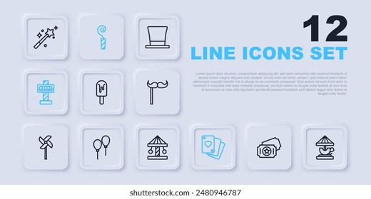 Set line Circus ticket, Attraction carousel, Ice cream, Playing cards, Balloons with ribbon, Birthday party horn and  icon. Vector