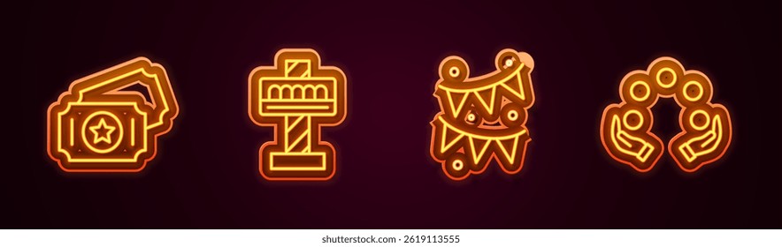 Set line Circus ticket, Attraction carousel, Carnival garland with flags and Juggling ball. Glowing neon icon. Vector