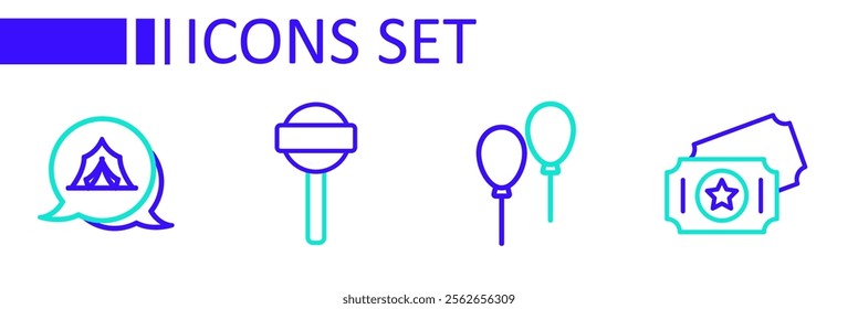 Set line Circus ticket, Balloons with ribbon, Lollipop and tent icon. Vector