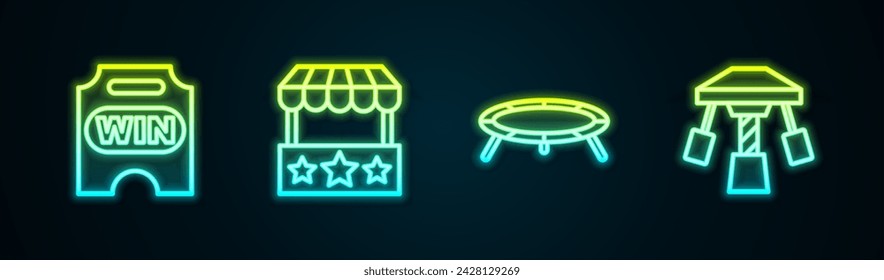 Set line Circus ticket, Ticket box office, Jumping trampoline and Attraction carousel. Glowing neon icon. Vector