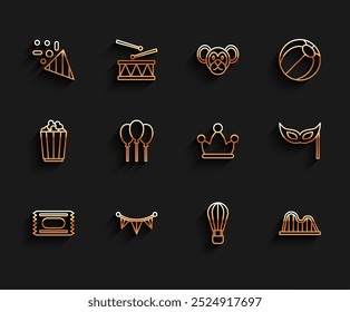 Set line Circus ticket, Carnival garland with flags, Festive confetti, Hot air balloon, Roller coaster, Balloons ribbon, mask and Jester hat bells icon. Vector