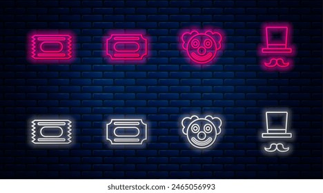 Set Line Circus Ticket, Clownskopf und Magier. Glühende Neon-Ikone auf Ziegelmauer. Vektorgrafik