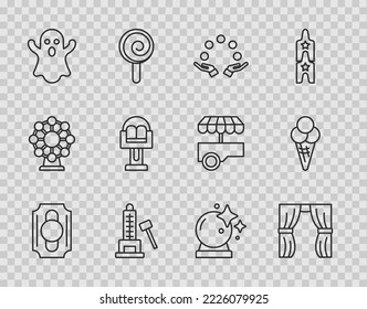 Set line Circus ticket, curtain raises, Juggling ball, Striker attraction with hammer, Ghost, Attraction carousel, Magic and Ice cream waffle cone icon. Vector
