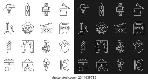 Set line Circus ticket, Ghost, Attraction carousel, Clown head, Striker attraction with hammer, Hot air balloon and Drum drum sticks icon. Vector