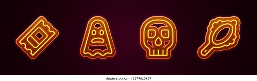 Set line Circus ticket, Ghost, Skull and Magic hand mirror. Glowing neon icon. Vector