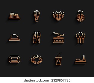 Set line Circus ticket, Hand holding playing cards, Roller coaster, Paper glass with water, Bumper, Bowling pin, Balloons ribbon and Drum drum sticks icon. Vector