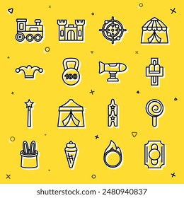 Set line Zirkus-Ticket, Lollipop, Attraktion Karussell, Zielsport, Gewicht, Narrenmütze mit Glocken, Spielzeugzug und Swing Flugzeug-Symbol. Vektorgrafik