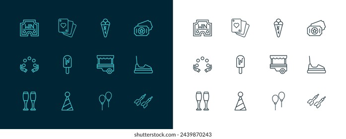 Set line Circus ticket, Party hat, Fast street food cart, Balloons with ribbon, Ice cream, in waffle, Casino win and Playing cards icon. Vector