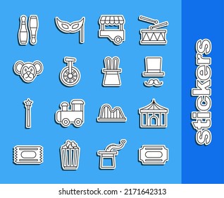 Set Line Circus Ticket, Tent, Magician, Fast Street Food Cart, Unicycle Or One Wheel Bicycle, Monkey, Bowling Pin And Hat And Rabbit Ears Icon. Vector