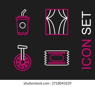 Fije el boleto del circo de la línea, el monociclo o una bicicleta de la rueda, las subidas de la cortina y el vidrio de papel con el icono del agua. Vector