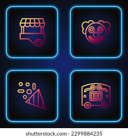 Set line Circus wagon, Festive confetti, Fast street food cart and Clown head. Gradient color icons. Vector