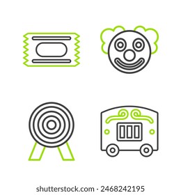 Set line Circus wagon, Target, Clown head and ticket icon. Vector