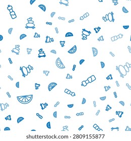 Set line Citrus fruit, Bottle of water and Stack hot stones on seamless pattern. Vector