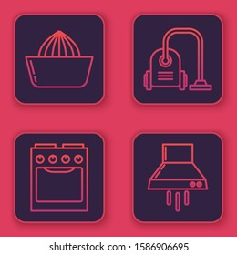 Set line Citrus fruit juicer , Oven , Vacuum cleaner  and Kitchen extractor fan . Blue square button. Vector