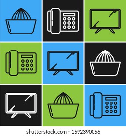 Set line Citrus fruit juicer , Smart Tv  and Telephone  icon. Vector