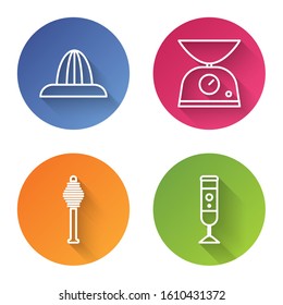 Set line Citrus fruit juicer, Scales, Honey dipper stick and Blender. Color circle button. Vector