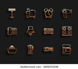 Set line Citrus fruit juicer, Blender, Electric heater, Coffee machine with glass pot, Kitchen extractor fan, Gas stove and Digital alarm clock icon. Vector
