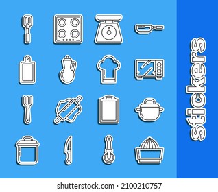 Set line Citrus fruit juicer, Cooking pot, Microwave oven, Scales, Bottle of olive oil, Cutting board, Spatula and Chef hat icon. Vector