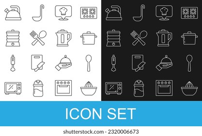 Set line Citrus fruit juicer, Spoon, Cooking pot, Chef hat with location, Crossed fork and spoon, Slow cooker, Kettle handle and Electric kettle icon. Vector