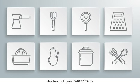 Set line Citrus fruit juicer, Fork, Bottle of olive oil, Cooking pot, Crossed fork and spoon, Frying pan, Grater and Coffee turk icon. Vector