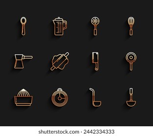 Set line Citrus fruit juicer, Kitchen timer, Spoon, ladle, Rolling pin, Frying pan and Meat chopper icon. Vector