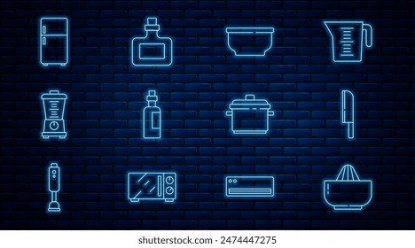 Set line Citrus fruit juicer, Knife, Bowl, Bottle of olive oil, Blender, Refrigerator, Cooking pot and Sauce bottle icon. Vector