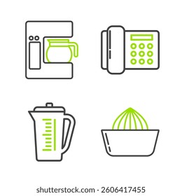 Set line Citrus fruit juicer, Measuring cup, Telephone and Coffee machine with glass pot icon. Vector