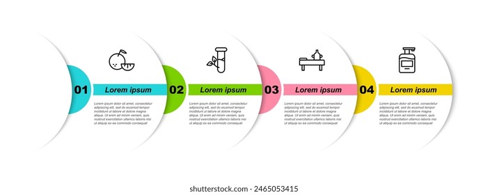Set line Zitrusfrüchte, Laborglas und Blätter, Massagetisch mit Öl und Flasche Flüssigseife. In: Business Infographic Vorlage. Vektorgrafik