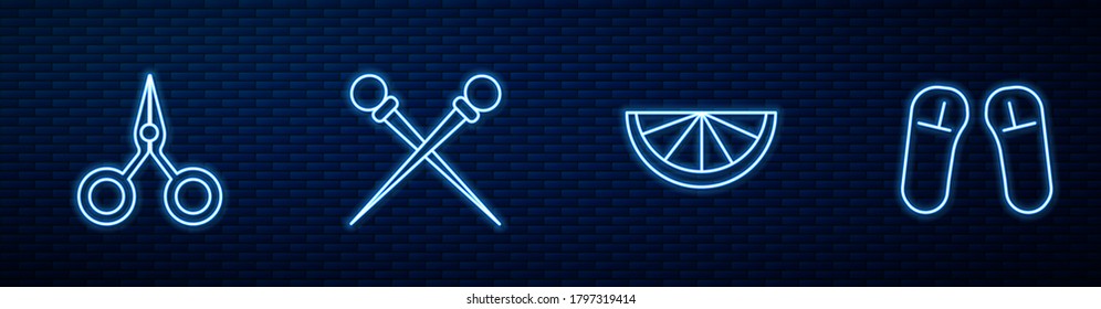 Set line Citrus fruit, Scissors, Knitting needles and Slipper. Glowing neon icon on brick wall. Vector