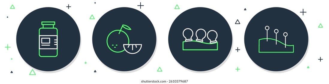 Set line Citrus fruit, Vacuum cans, Collagen serum and Acupuncture therapy icon. Vector