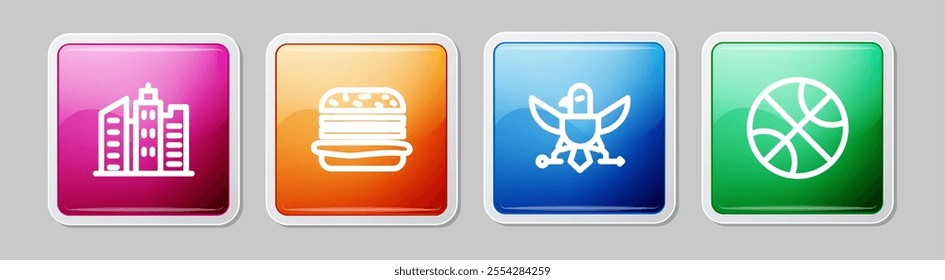 Set line City landscape, Burger, Eagle and Basketball ball. Colorful square button. Vector