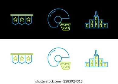 Die Stadtlandschaft, das Karnevalsgarten mit Fahnen und die American Football Helm Ikone. Vektorgrafik