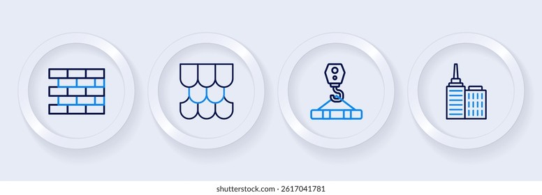Set line City landscape, Crane hook, Roof tile and Bricks icon. Vector